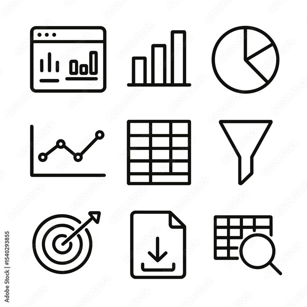 Aufkleber analytics icon set. outline icon set of analytics and reporting: dashboard screen, bar chart, pie ch
