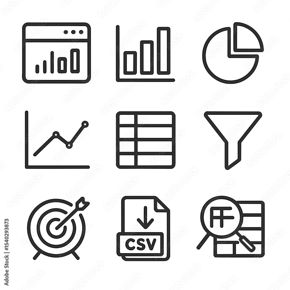 Poster analytics icon set. outline icon set of analytics and reporting: dashboard screen, bar chart, pie ch