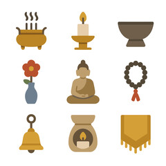 Altar Items Icons Set. Flat icon set of altar items: incense burner, candle holder, offering bowl, Buddha statue, flower vase,
