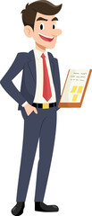 The Confident Professional: A distinguished professional, clad in a tailored suit, stands tall, clutching a clipboard adorned with vibrant sticky notes.