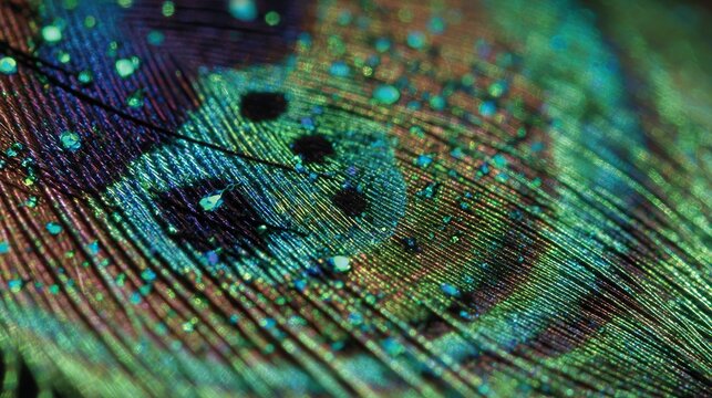Peacock feather barbule background with photonic crystal lattices in iridescent green, structural color science.