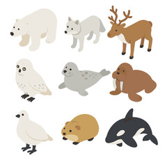 Naklejka premium Arctic Wildlife Icons. Isometric Flat icon set of arctic wildlife sightings: polar bear, arctic fox, reindeer, snowy owl, seal,