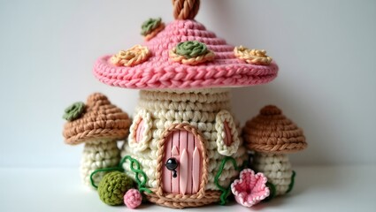 Obraz premium 3d crochet keychain of a whimsical Mushroom fairy house, adorned with delicate, curved door handles, and ornate, multi-paned windows featuring intricate latticework, all crafted in a vibrant color