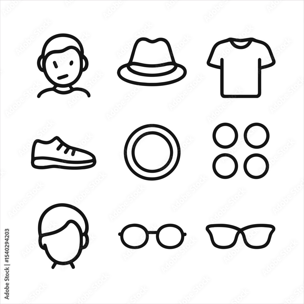 Poster avatar customization icons. outline icon set of avatar customization: character face, hat icon, shir