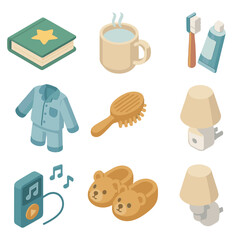 Bedtime Routine Icons. Isometric Flat icon set of bedtime routine items: storybook, warm milk mug, toothbrush, toothpaste tube,