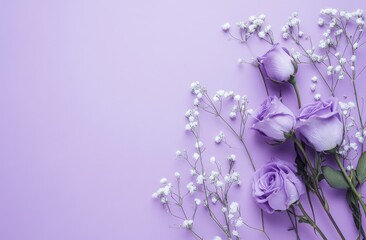 Delicate purple roses and baby's breath on a lavender background