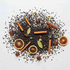 
Gen AI natural herbal black and green tea with spices - cinnamon, cloves, candied fruits, dried fruits, rose, ginger, pepper, rosemary
