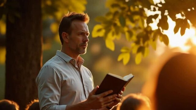 Man Reading Aloud During Outdoor Spiritual Gathering