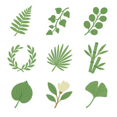 Botanical Icon Set. Isometric Flat icon set of botanical pattern design: fern frond, ivy vine, eucalyptus sprig, laurel wreath,