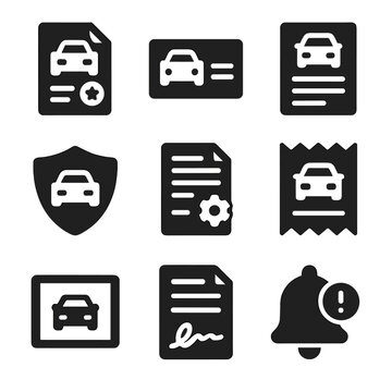 Car Ownership Icons. Solid, filled icons set of car ownership records: title document, insurance card,
