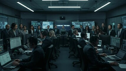 Team collaborates in high-tech control room during cybersecurity operation at night - Powered by Adobe