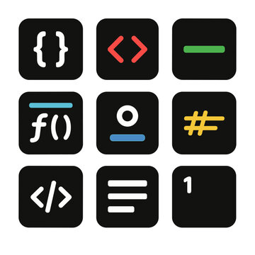 Code Editor Icons. Solid, filled icons set of code editor with highlighted syntax: curly braces, code brackets