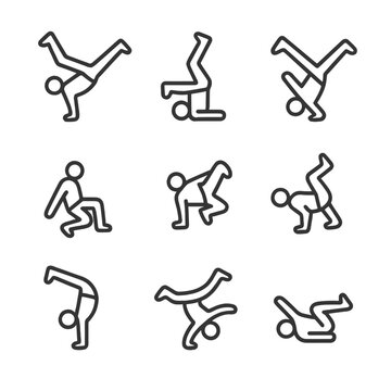 Breakdance Moves Icons. Outline icon set of breakdancing moves: windmill, headspin, flares, six-step, baby freeze, chair freeze,