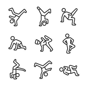 Breakdance Moves Icons. Outline icon set of breakdancing moves: windmill, headspin, flares, six-step, baby freeze, chair freeze,