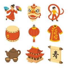 Chinese Dance Icon Set. Isometric Flat icon set of Chinese traditional dance troupe: dancer with silk fan, lion dance head, ribbon