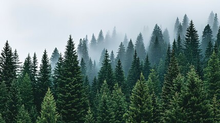 Fototapeta premium Lush green coniferous forest shrouded in a light mist.