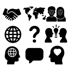 Cultural Bridge Icons. Solid, filled icons set of bridging cultural differences: handshake, world map, diverse