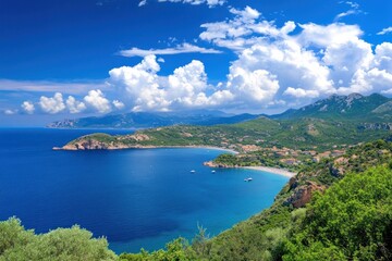 Fototapeta premium Beautiful blue sky with clouds over the calm sea water panoramic nature ocean.