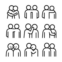 Comforting Embrace Icons. Outline icon set of comforting embrace gestures: two figures hugging, arms around, side hug, back pat,