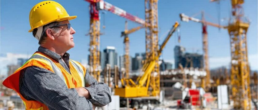 Architectural Aspirations: A construction worker, donned in protective gear, gazes intently at the burgeoning cityscape, framed by cranes and the promise of a building.