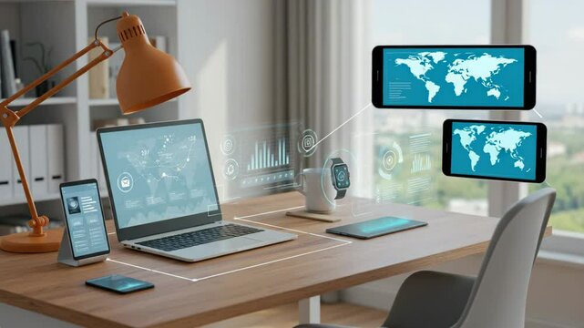 Technology workspace with multiple devices and digital interfaces in a bright modern office setting