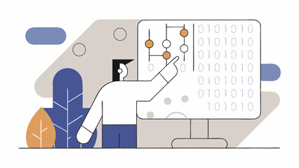 Person Presenting Data Flowchart and Binary Code on Screen