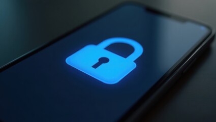 Pantalla de un teléfono inteligente que muestra un ícono de candado de seguridad azul, que simboliza la privacidad y los datos cifrados
