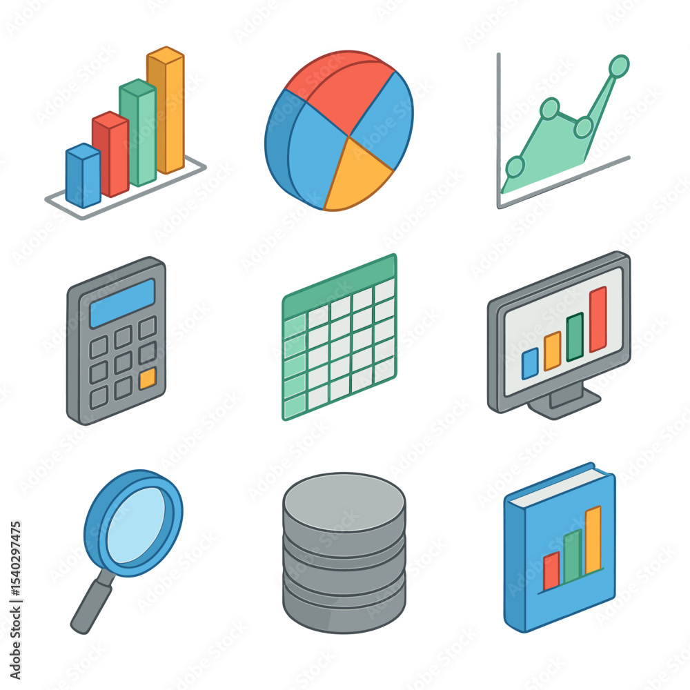 Poster isometric data analysis icons. isometric flat icon set of data analysis: bar chart, pie chart, line 