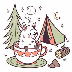 Campfire Glow themed SVG: Gentle Alpaca with in a teacup in a Camping trip environment