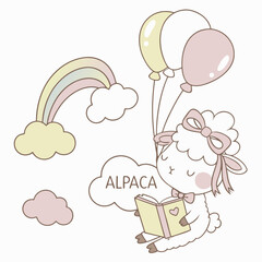 Loving Alpaca with reading a book, set in a charming Soft pastel theme – Soft Pastel color vector art