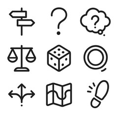 Decision-Making Icon Set. Outline icon set of decision-making under uncertainty: crossroads sign, question mark, thought bubble,