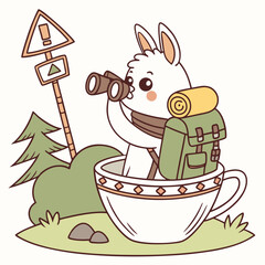 Shy Alpaca with sitting in a teacup ride, set in a charming Forest adventure theme – Evergreen Trails color vector art