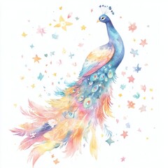 Obraz premium Watercolor peacock surrounded by stars and flowers