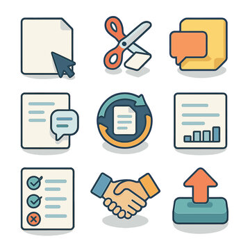 Drafting Workflow Icons. Isometric Flat icon set of drafting and revising workflow: blank page cursor, cut-and-paste scissors,