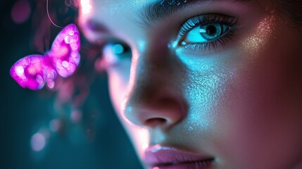 Fototapeta premium Close-up of a woman’s face with shimmering skin, butterfly decoration, and vibrant colors captured in a creative lighting setting