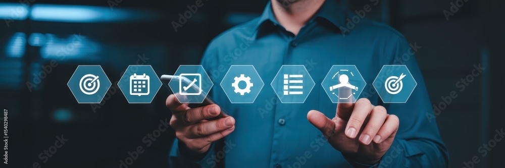 Poster a person interacts with a touch screen displaying project management icons.