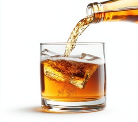 Refreshing Pour of Brown Beverage over Ice in a Clear Glass with Bubbles Captured in a Studio Setting for Beverage Advertising and Promotion
