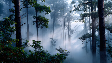 Fototapeta premium A soft pastel fog rolls through the forest, casting gentle shadows on the trees, as the mist creates an ethereal, dreamy atmosphere in the woodland.