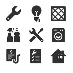 Fototapeta premium Home Maintenance Icons. Solid, filled icons set of home maintenance budgeting: repair wrench, light bulb, air