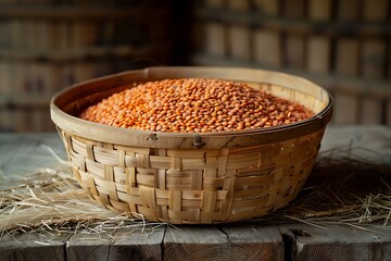 Closeup lentils stacked in traditional container high resolution picture