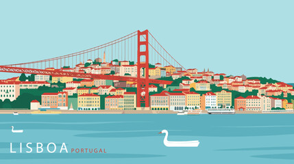 Flat vector of Lisbon with 25 de Abril Bridge, colorful riverside buildings and a white swan on the Tejo River