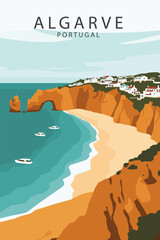 Vector view of Algarve coastline with wide beach, boats, rock arches and traditional houses over cliffs.