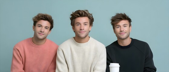 Three friends posing together in cozy sweaters