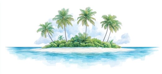 Obraz premium Serene Tropical Island with Lush Green Palm Trees Surrounded by Crystal Clear Waters and Soft White Sand Under a Bright Blue Sky