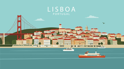 Flat vector illustration of Lisbon with the 25 de Abril Bridge, Tejo River, boats, and colorful city buildings in a sunny, minimalist style