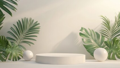 Minimalist, light beige backdrop with greenery, white pedestal, and orb accents