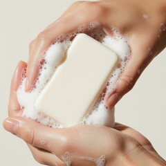 Fototapeta premium close-up of hands washing with white soap and foam bubbles
