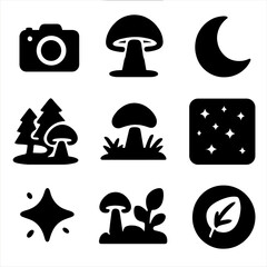 Luminous Fungi Icons. Solid, filled icons set of luminous fungi photography: camera icon, bioluminescent