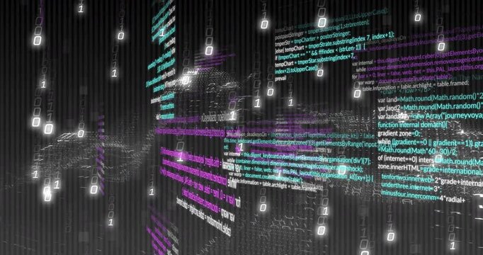 On loading code panels, binary digits floating from grid void converging revealing code flow