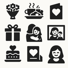 Mother's Day Icons. Solid, filled icons set of Mother’s Day celebrations: flower bouquet, breakfast tray,